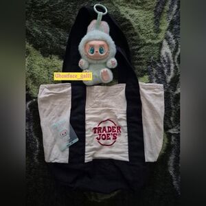 PopMart QuQu Have A Seat Labubu & Trader Joe's Mini Canvas Tote Bag